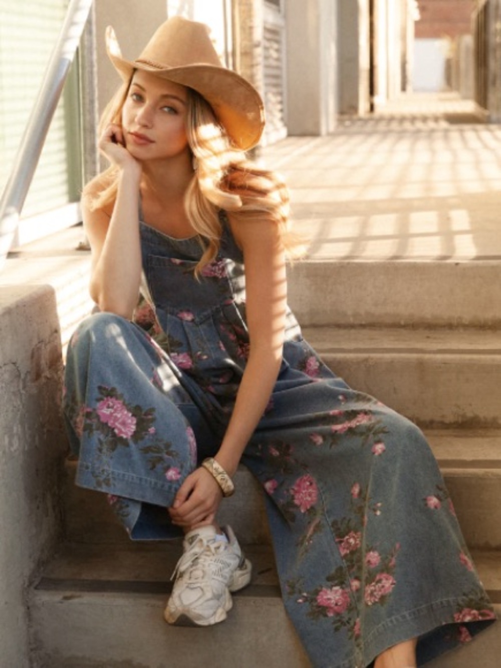 FLOWER PRINT WASHED DENIM WIDE LEG OVERALLS-ADJUSTABLE BUTTONED SHOULDER STRAP